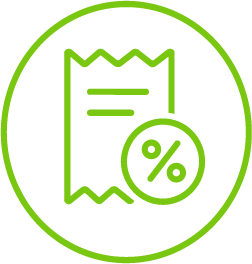 Green icon showing a receipt with a percentage symbol, both inside a green circle, on a light background.