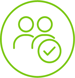 Two outlined people with a green tick in a circle, symbolising approval or verification of users or group membership.