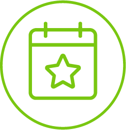 Green outline of a calendar with a star in the centre, enclosed in a green circle on a light background.