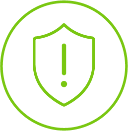 A green outline of a shield with an exclamation mark inside, surrounded by a green circle on a white background.