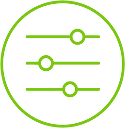 Green icon of three horizontal sliders with adjustable knobs inside a circle, symbolising settings or controls.