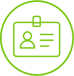 Green line drawing of an ID badge with a user icon and three horizontal lines inside a green circle.
