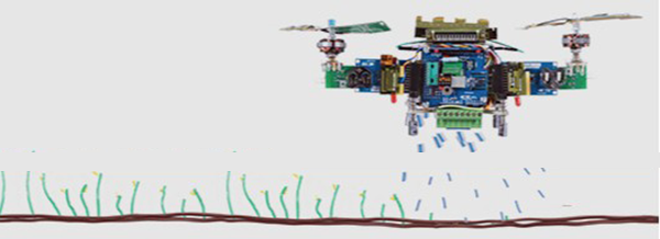 A drone made of electronic components hovers above plants, releasing water droplets onto the ground below.