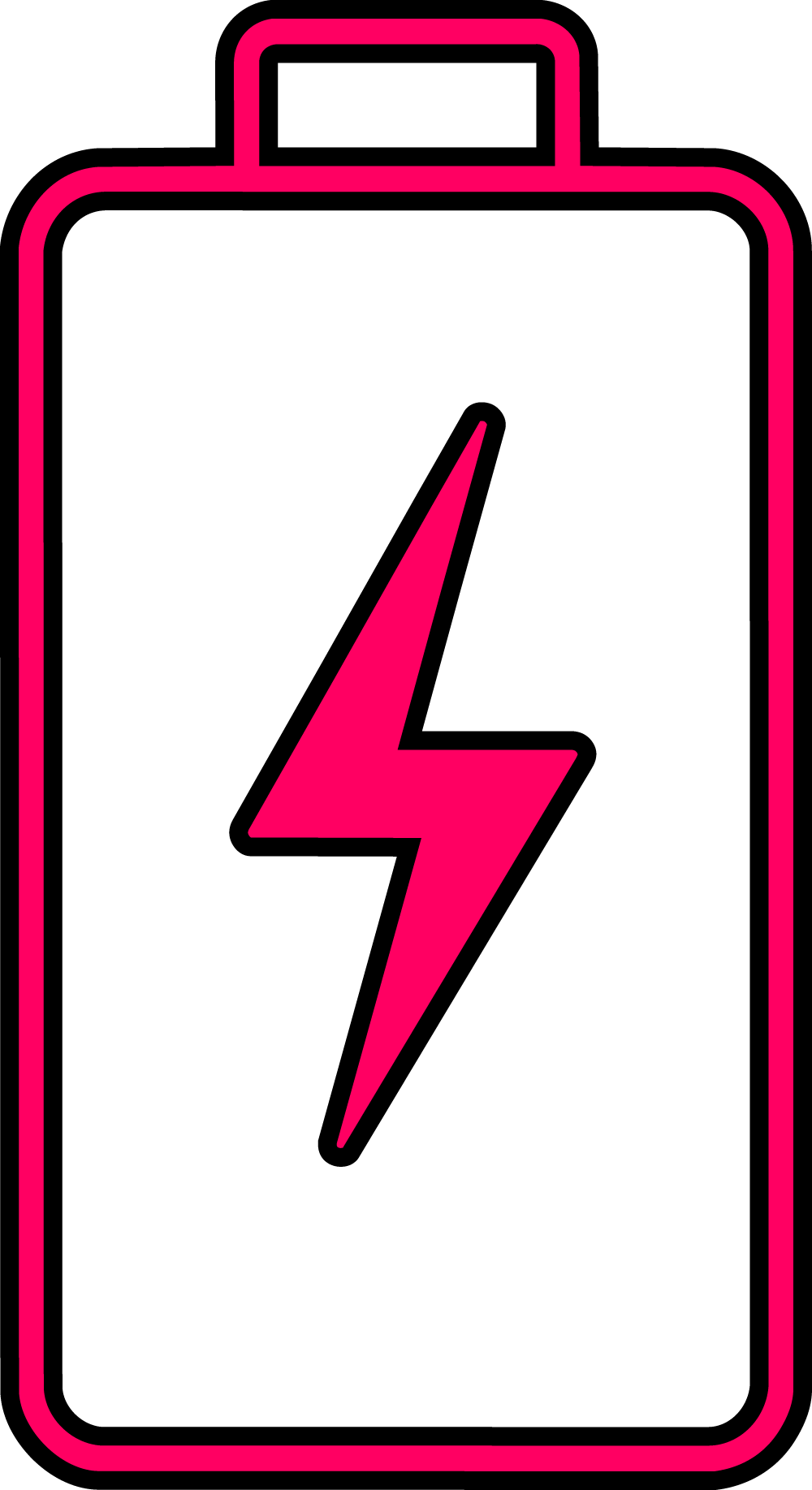 Outline of a battery with a pink border and a pink lightning bolt in the centre, symbolising energy or charging.