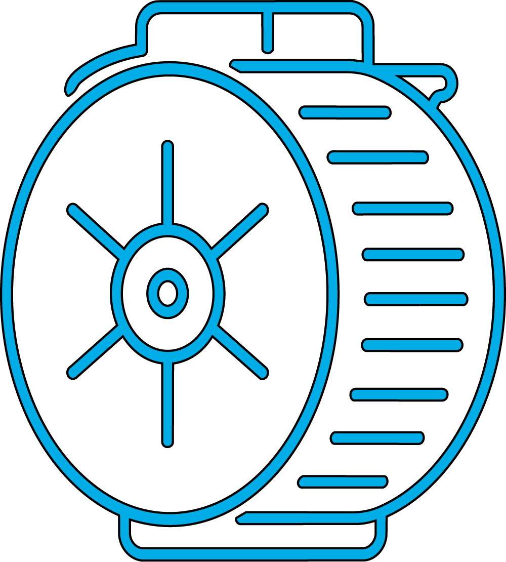 Blue outline of a hamster wheel with a circular centre, six spokes, and horizontal lines, on a light background.