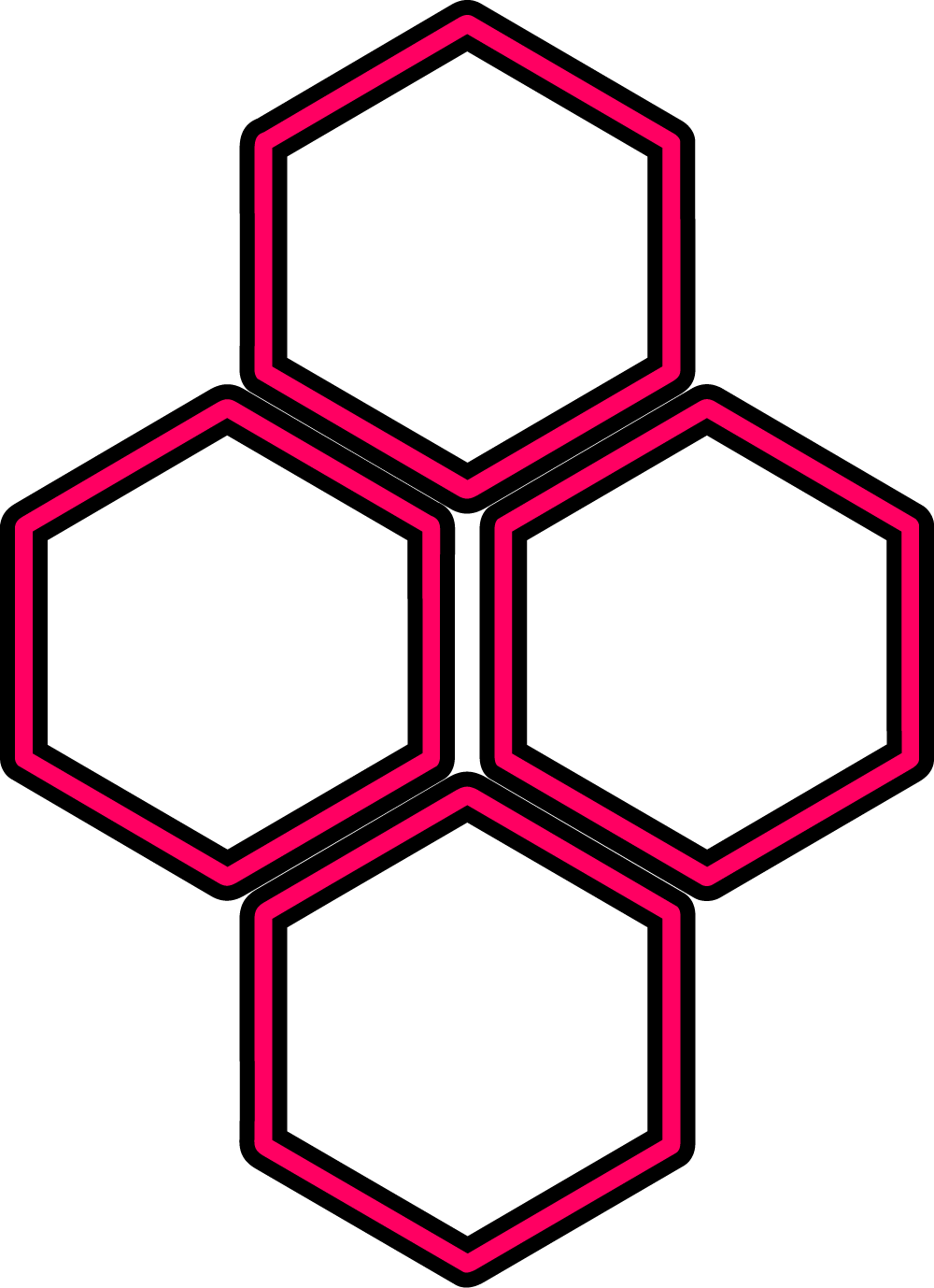 Four outlined hexagons, each with a black inner line and a pink outer line, arranged in a cluster pattern.