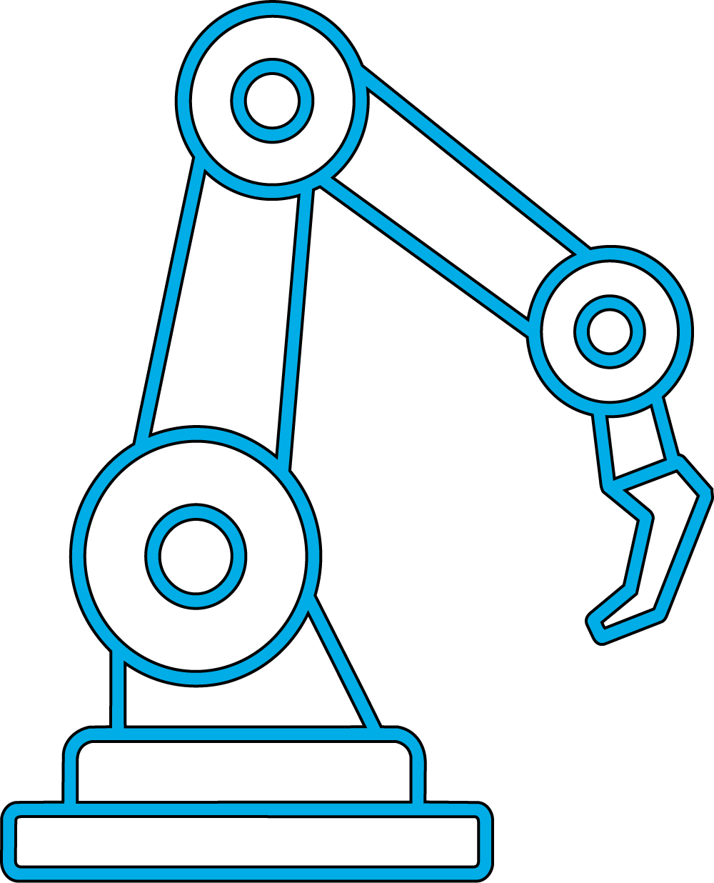 A blue outlined robotic arm with joints and a pincer-like gripper, mounted on a base, on a plain background.