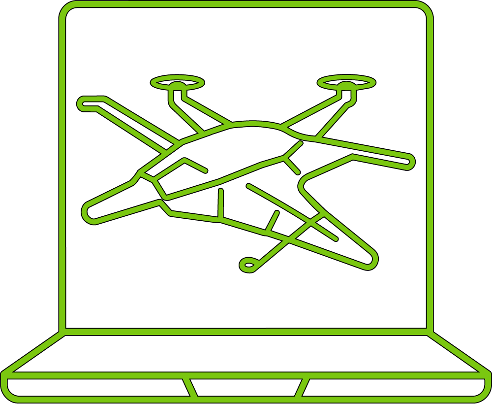 Outline of a drone displayed on a laptop screen, all drawn with green lines.