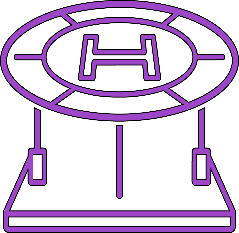 Outline of a helicopter landing pad with a large H on a circular platform, drawn in purple lines.
