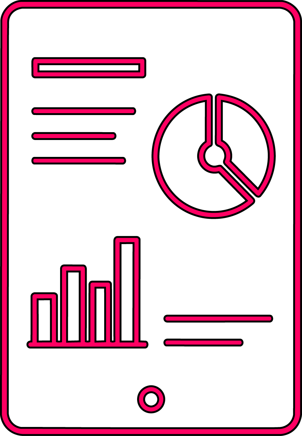 Tablet screen displaying a pie chart, bar graph, and lines representing text or data, outlined in pink.