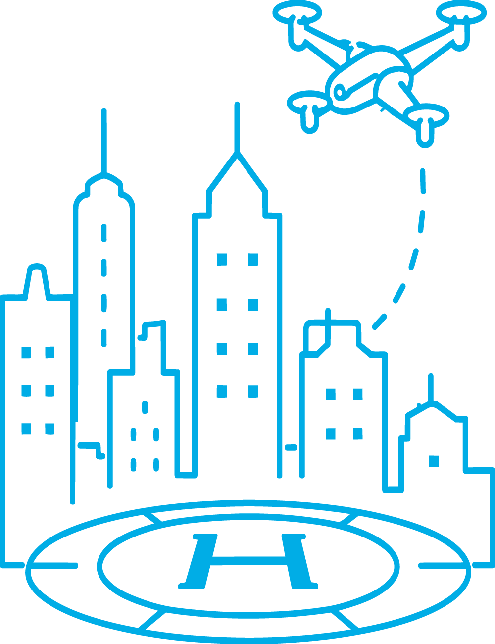Drone flying above city skyline, approaching a helipad marked with an H for landing.