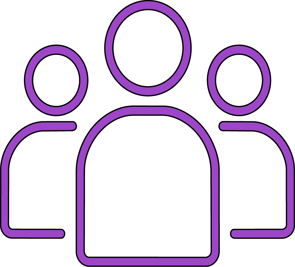 Three purple outlined human figures are shown, with one larger figure in front and two smaller ones behind it.