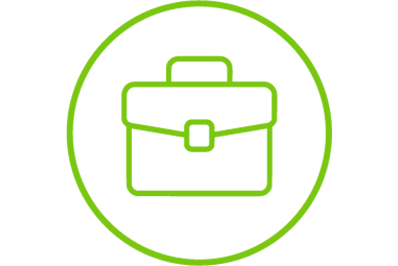 Green outline of a briefcase inside a green circle on a light grey background.
