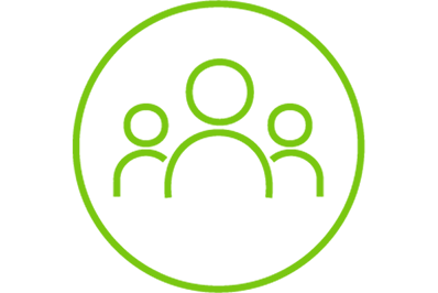 Green outline of three people inside a circle, representing a group or community icon on a light background.