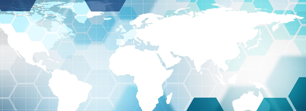 A world map with a blue hexagonal pattern overlay, highlighting continents in white on a light blue background.