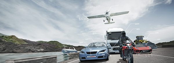 A motorbike, cars, lorry, boat, and plane travel on a coastal road, with labels pointing to each vehicle.