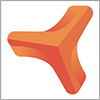 Orange 3D geometric shape with three rounded arms, resembling a propeller or abstract triangle, on a white background.