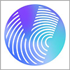 A blue and purple gradient circle with white, curved, fingerprint-like lines inside.