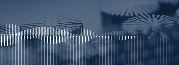 Abstract image with circular shapes and vertical white lines forming a wave pattern on a blue background.