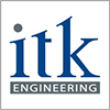 Blue itk Engineering text logo on a white background with a grey border and a grey dot above the letter i.