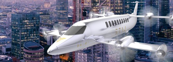 A futuristic white passenger aeroplane with propellers flies over a modern city skyline with tall glass buildings.