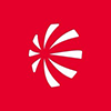 White abstract fan-shaped design with seven blades on a solid red background.