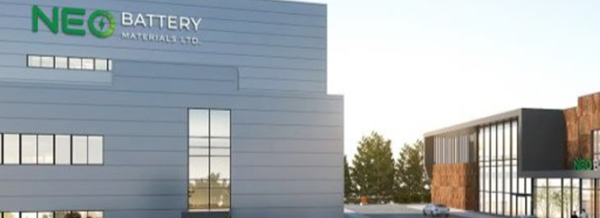 Modern building with NEO BATTERY MATERIALS LTD. sign, large windows, and another building in the background with trees and cars.