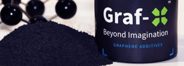 A container labelled Graf-X Beyond Imagination beside a pile of black powder and a molecular model.