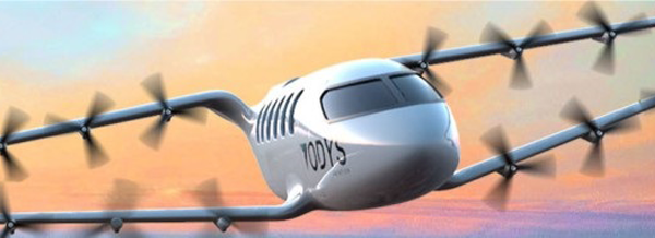 A futuristic electric aeroplane with multiple propellers flies in front of a colourful sunset sky.