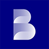 A stylised, folded letter B in light blue on a dark blue background.