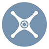 A blue circle with a white drone silhouette and a camera shutter symbol in the centre.