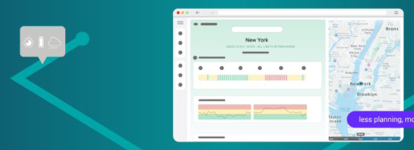 A computer screen displays a weather dashboard for New York next to a map and data charts on a teal background.