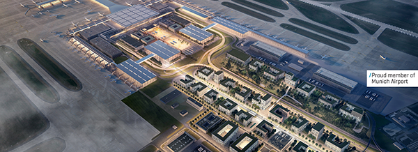 Aerial view of Munich Airport with terminals, runways, and surrounding buildings, labelled as a proud member of Munich Airport.