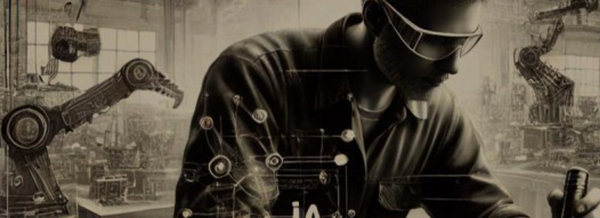 A man in safety glasses works with machines and robotic arms in a high-tech industrial factory setting.