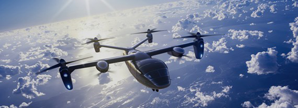 A futuristic drone aeroplane flies above clouds with sunlight streaming from behind.
