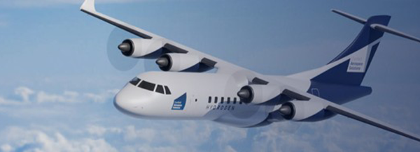 A white and blue propeller aeroplane flies above the clouds in a clear sky.