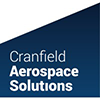 Cranfield Aerospace Solutions logo with white text on a dark blue, slanted background.