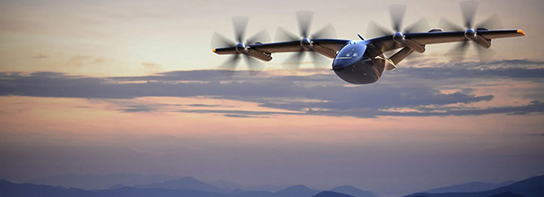 A futuristic electric aeroplane with six rotors flies above mountains at sunset under a cloudy sky.