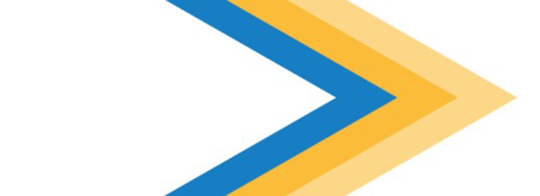 Three chevrons pointing right in blue, gold, and yellow on a white background.