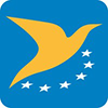Yellow bird silhouette with five white stars on a blue background.