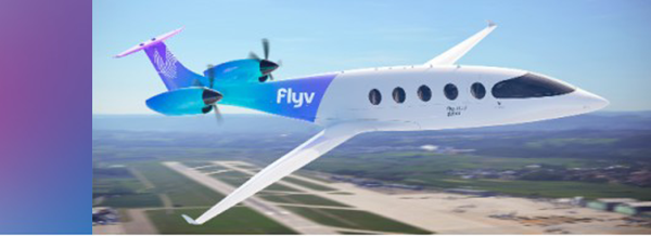 A white and blue electric aeroplane labelled Flyv flies above an airport runway on a clear day.