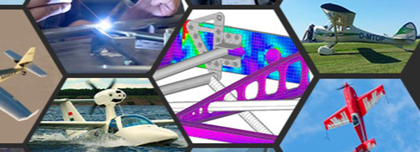 Hexagonal collage with images of small aeroplanes, people working, and colourful engineering diagrams of aircraft structures.