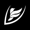 White stylised bird with wings inside a shield shape on a black background.