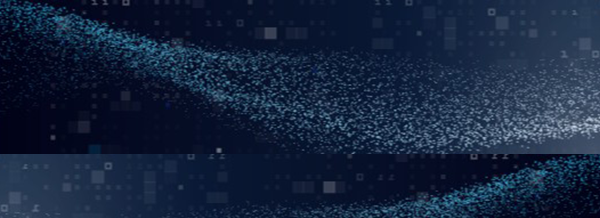 Blue and white digital particles swirl on a dark background with scattered squares and binary-like patterns.