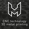 White geometric logo and text CNC technology 3D metal printing over a background of intricate metal structures.