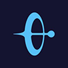 A blue abstract logo with an oval shape and a dot connected by a line, on a dark background.