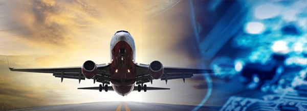 A commercial aeroplane taking off at sunset, with electronic circuit imagery blended on the right side.