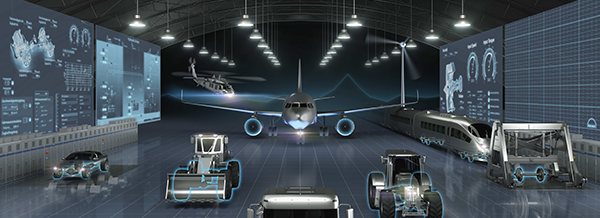 A futuristic hangar with a plane, helicopter, train, car, and machinery, surrounded by digital screens showing data and blueprints.