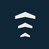 Three white chevron shapes stacked vertically on a dark blue background, pointing upwards.