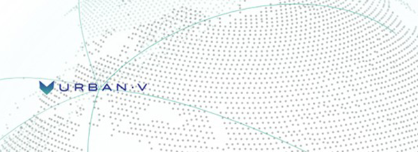 Abstract dotted globe with faint curved lines and the text URBAN.V next to a blue tick-like symbol on a white background.